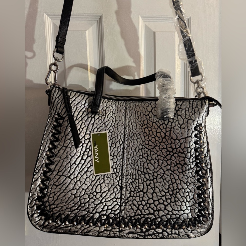 orYANY Silver & Black Embossed Leather Suede Top-Handle Crossbody Bag Large NWT - Picture 3 of 13